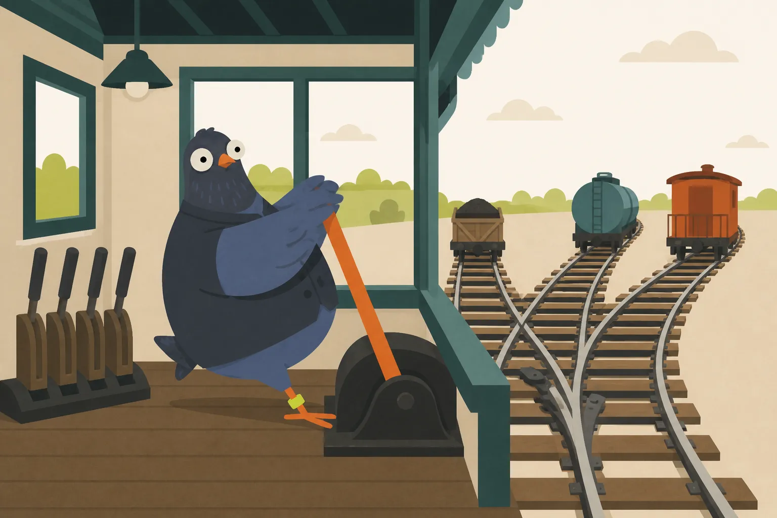 A blue pigeon in a dark signal jacket leans its body against a large routing lever inside a mechanical railway-junction cabin as several tracks diverge outside.