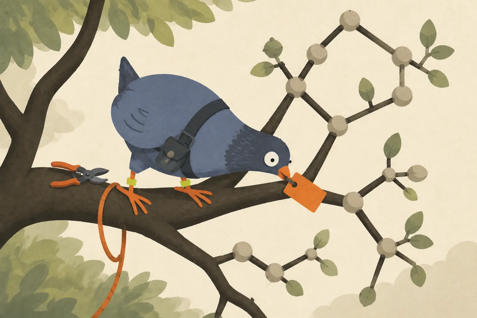 A slate-blue pigeon balances on a tree branch and pecks an orange tag onto one junction in a branching syntax diagram.