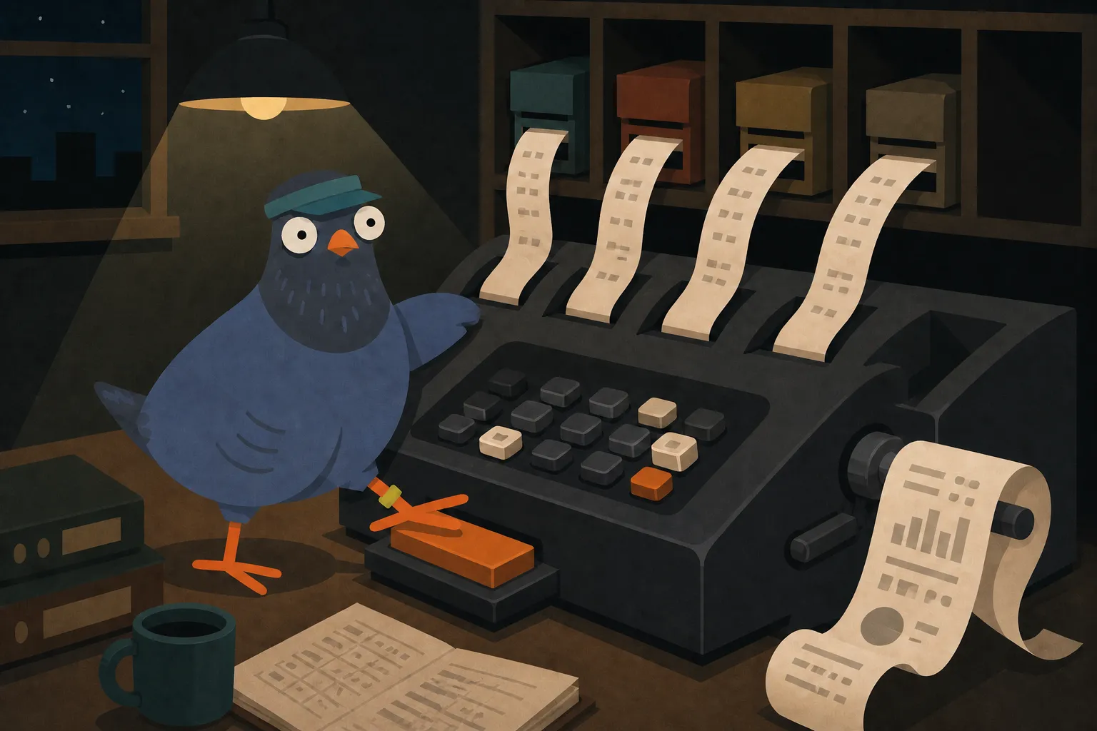 A blue pigeon in a teal accountant visor presses an oversized adding machine with one foot while several paper ledgers feed into it.