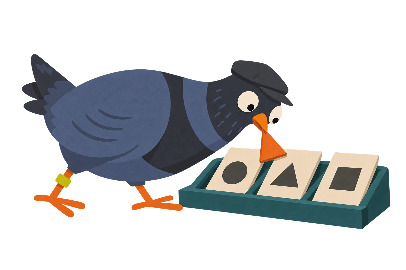 A pigeon leans over three task cards, nudging an orange marker onto one with its beak.