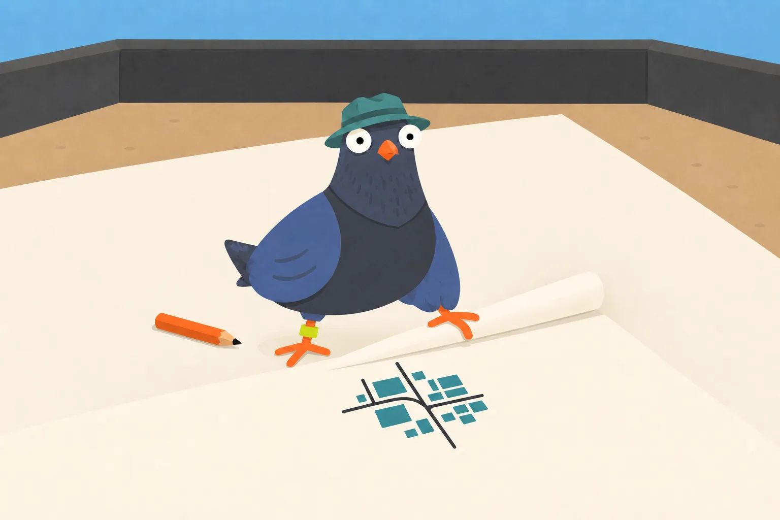 A slate-blue pigeon in a teal field hat presses one foot onto the curled edge of a large, mostly blank paper map with a small cluster of teal blocks and black streets; an orange pencil lies beside it.