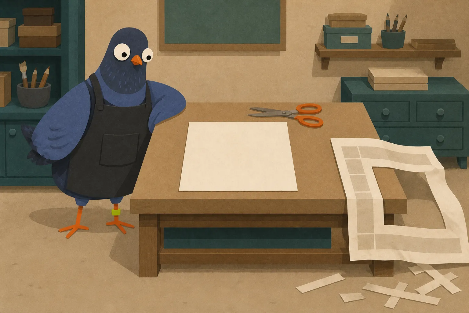 A wide-eyed blue pigeon in a work apron stands beside a low bench with a single clean paper rectangle lying squarely in the middle of it; the much larger page-shaped sheet it was cut from droops off the far edge of the bench with a rectangular hole in its centre, and offcut strips litter the floor.