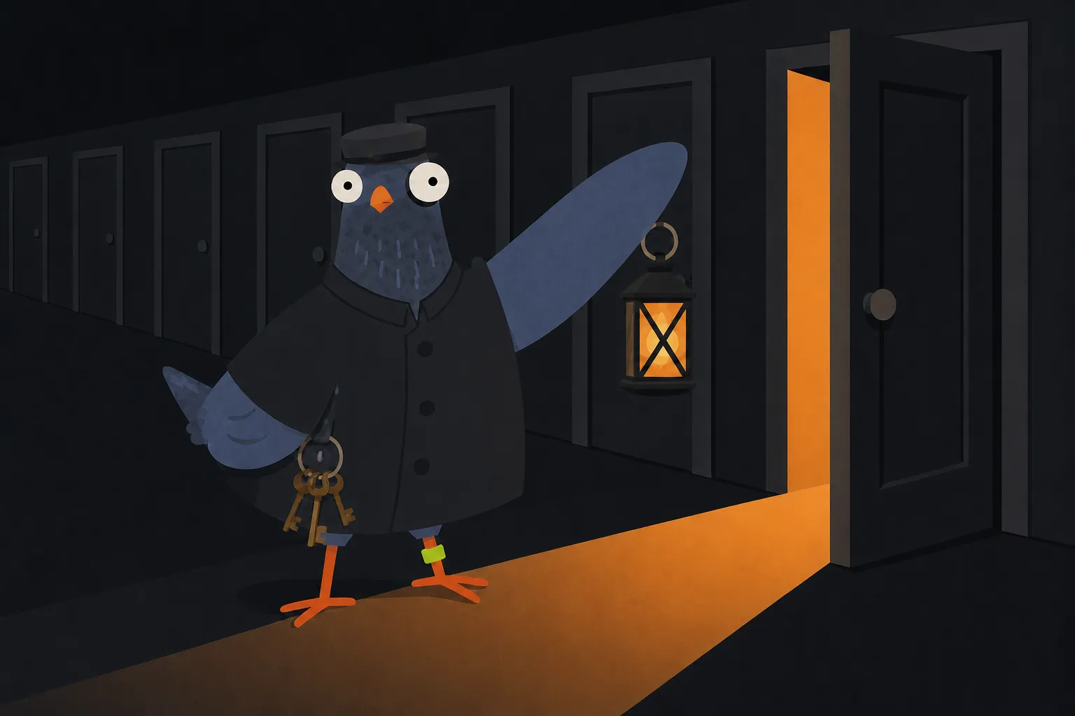 A wide-eyed blue pigeon dressed as a night watchman raises a lantern in a dark corridor as one plain door opens onto a sharp orange cone of light.