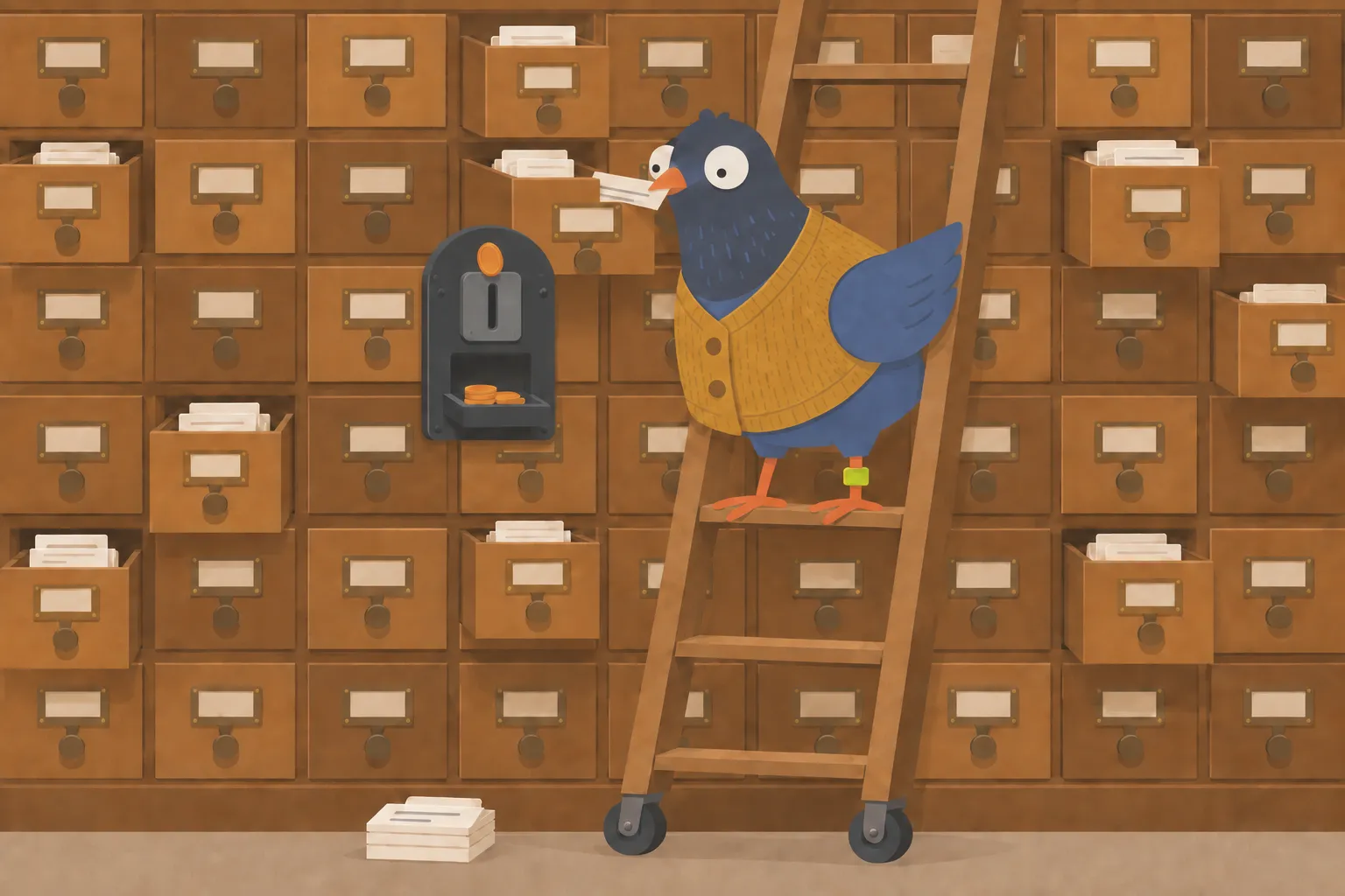 A slate-blue pigeon in a mustard cardigan stands on a rolling ladder against a wall of wooden card-catalog drawers, many pulled partly open, and lifts an index card from one drawer with its beak while a coin meter on the cabinet holds a tray of orange coins.