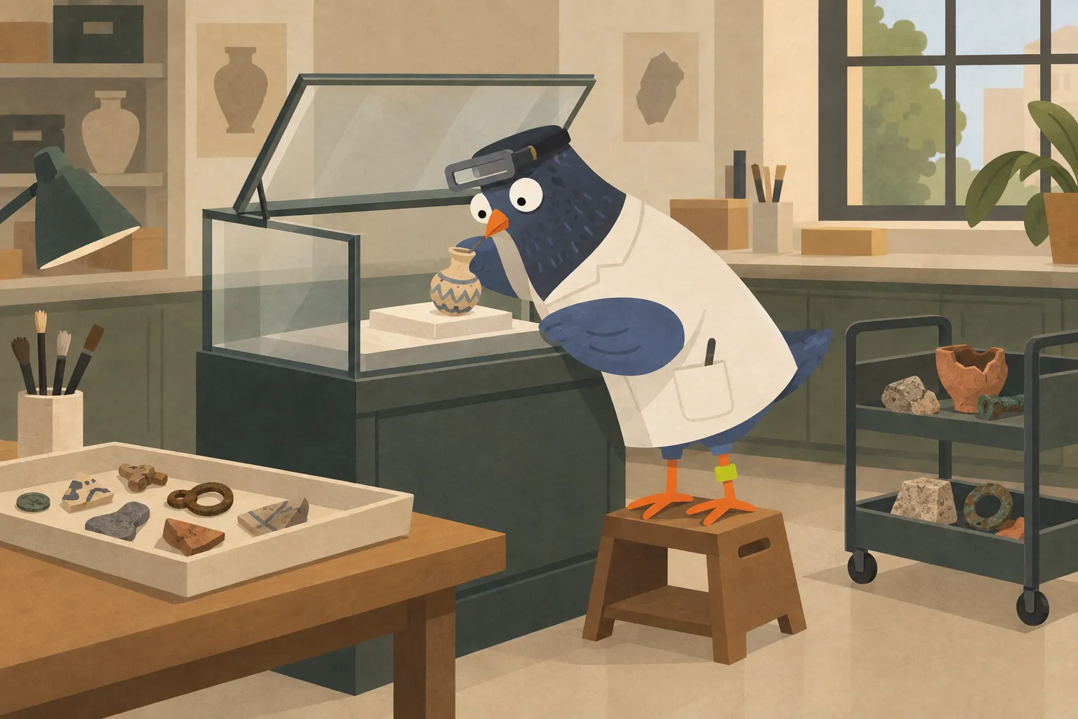 A slate-blue pigeon in a conservator's smock and a pushed-up magnifier visor leans over an open glass display case, nudging a small painted pot onto a foam mount with its beak while a cart of discarded fragments waits behind it.
