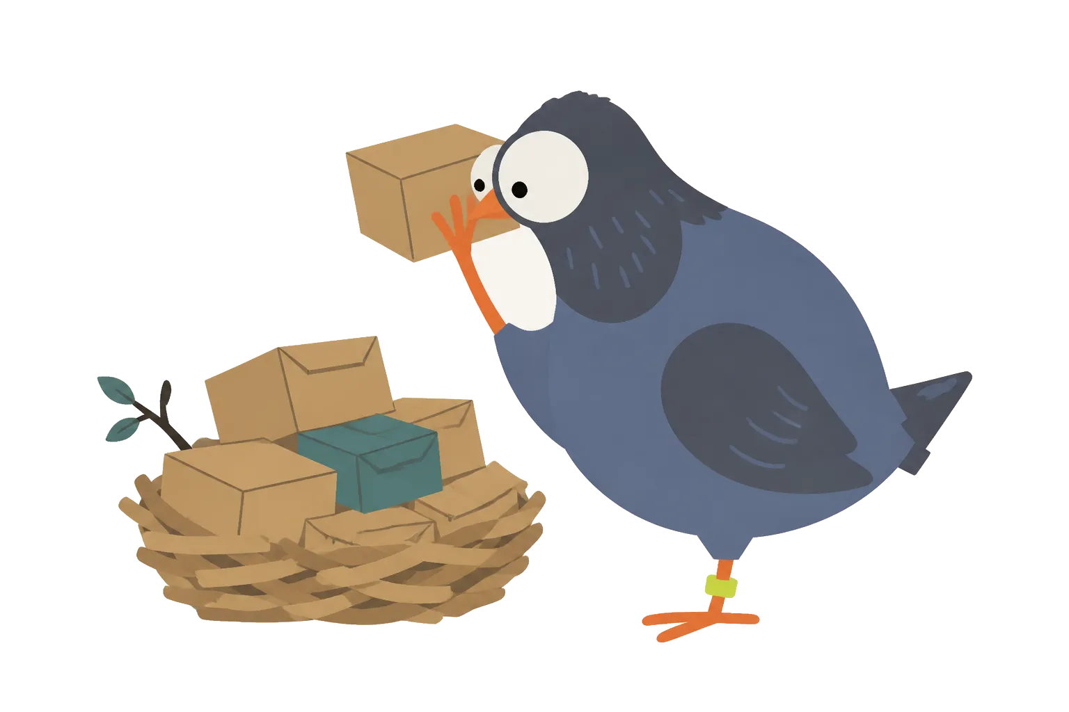A wide-eyed blue pigeon lifts one kraft parcel from a nest-shaped in-tray stacked with repository-sized boxes, inspecting it at close range.