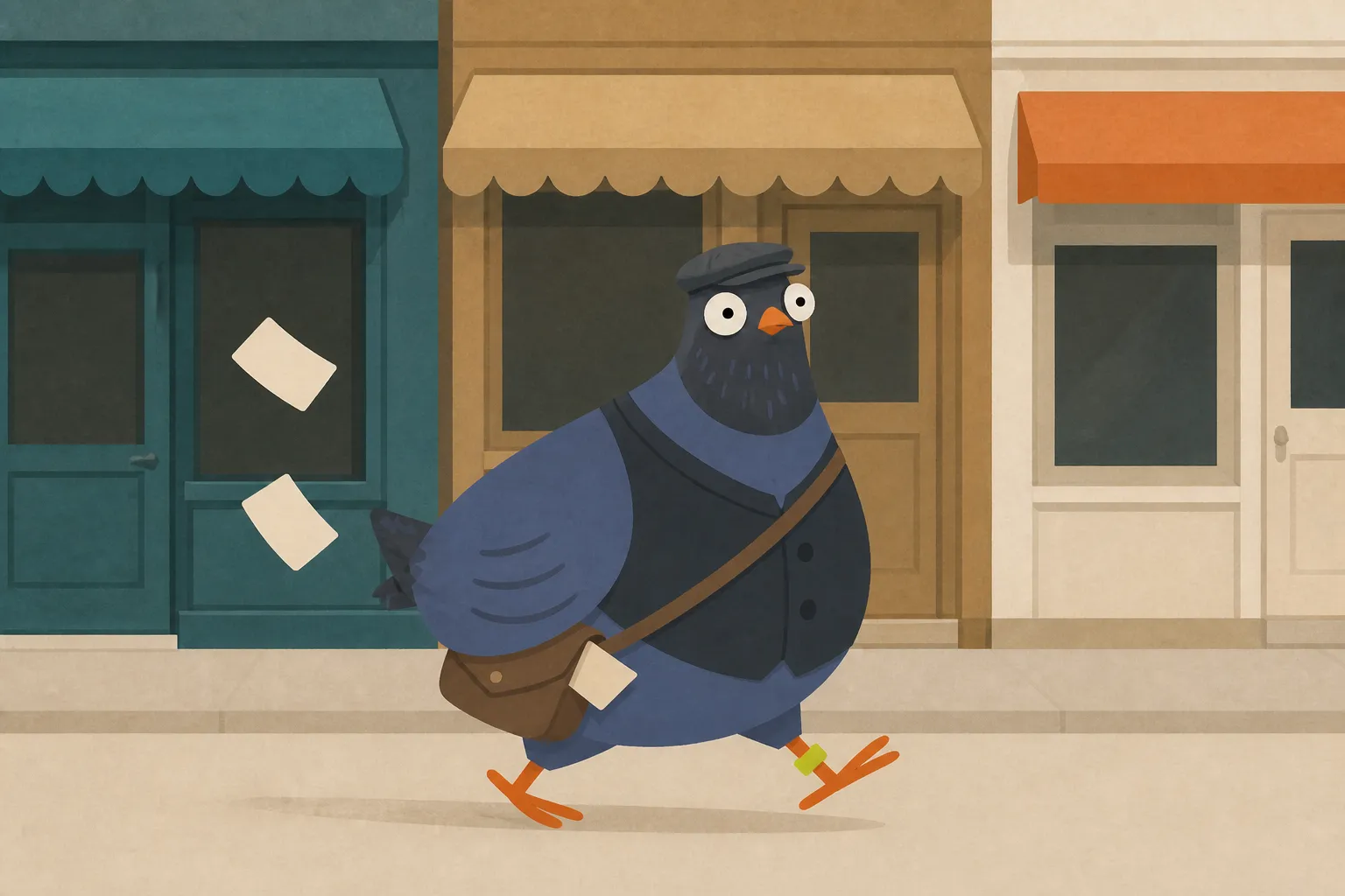 A wide-eyed blue pigeon in a flat cap and waistcoat strides past three storefronts as two blank cards drift behind and a third slips from its satchel.