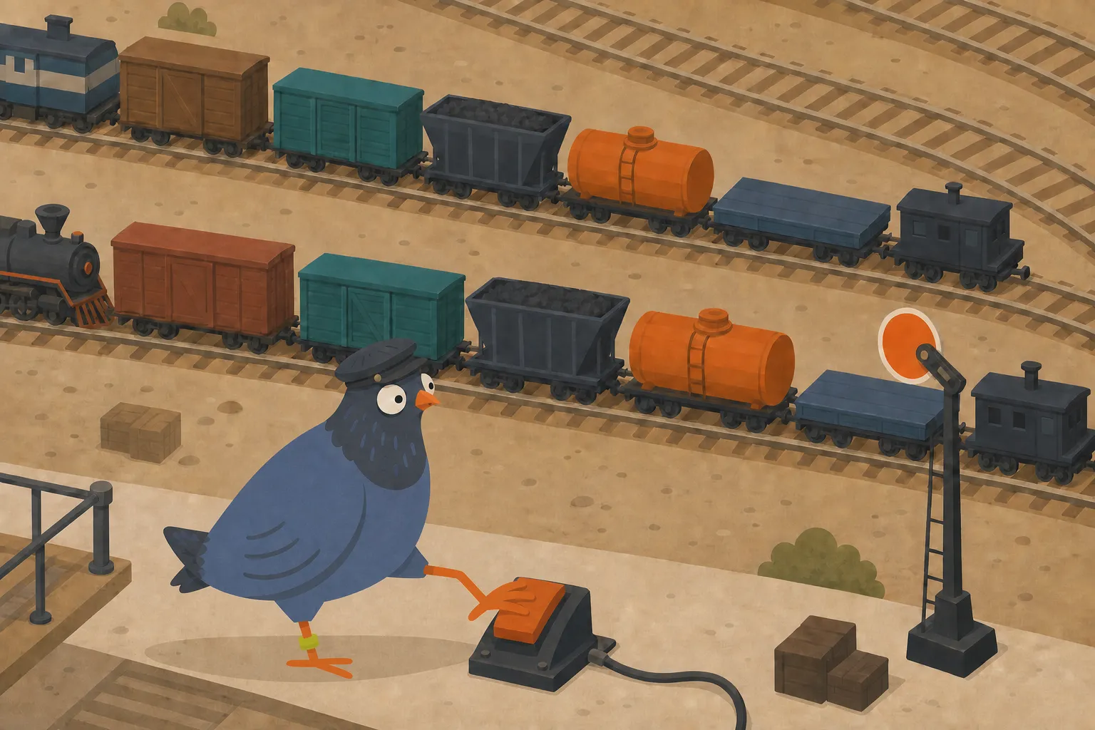 A blue pigeon railway signal operator steps on an orange pedal as two tracks carry the same distinctive sequence of freight cars.