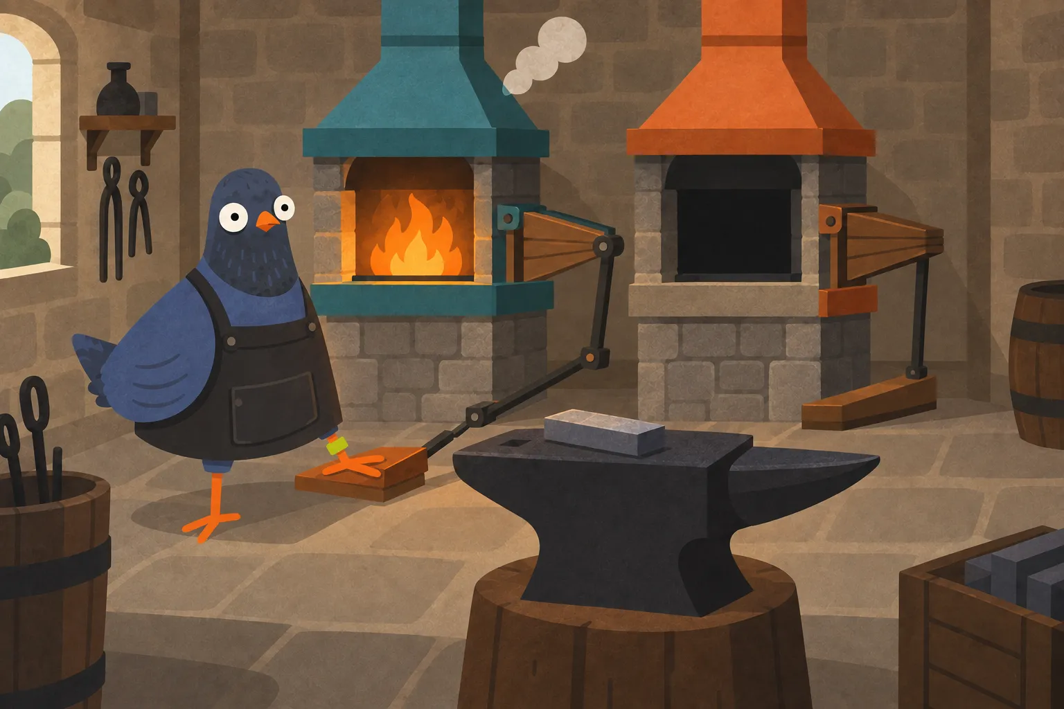 A slate-blue pigeon presses an orange foot pedal in a stone workshop, pumping air into a lit teal forge while an orange forge beside it sits cold.