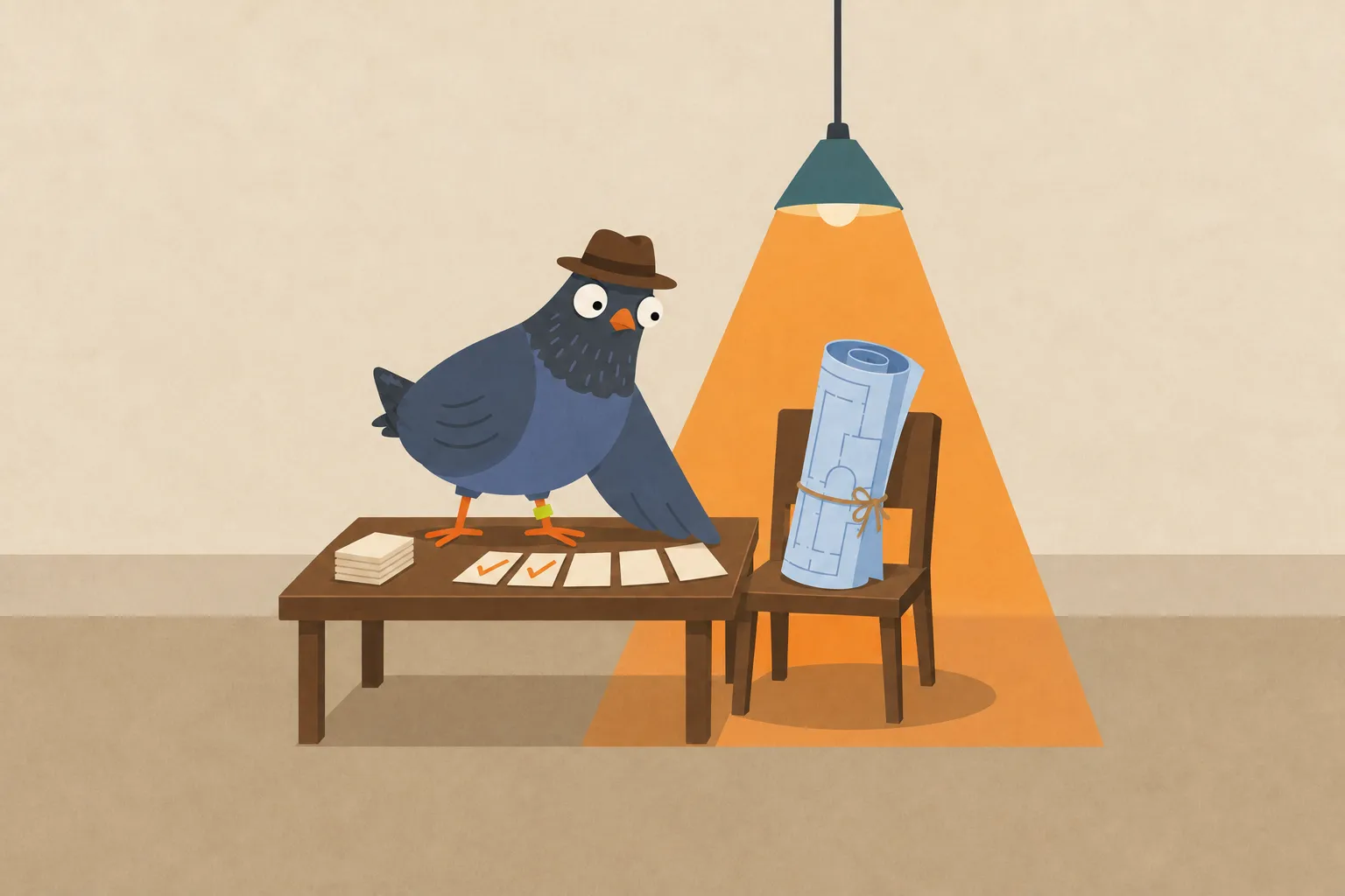 A slate-blue pigeon in a brown fedora stands on a wooden table beside a row of question cards, two ticked, and leans toward a rolled blueprint tied with string that sits in a chair under a hanging lamp.
