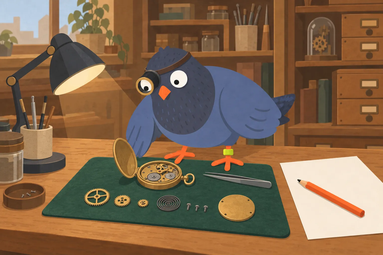 A slate-blue pigeon wearing a watchmaker's loupe stands on a workbench and peers at an opened pocket watch, with its gears, spring, screws and back plate laid out in a row on green felt beside a blank sheet of paper and a pencil.