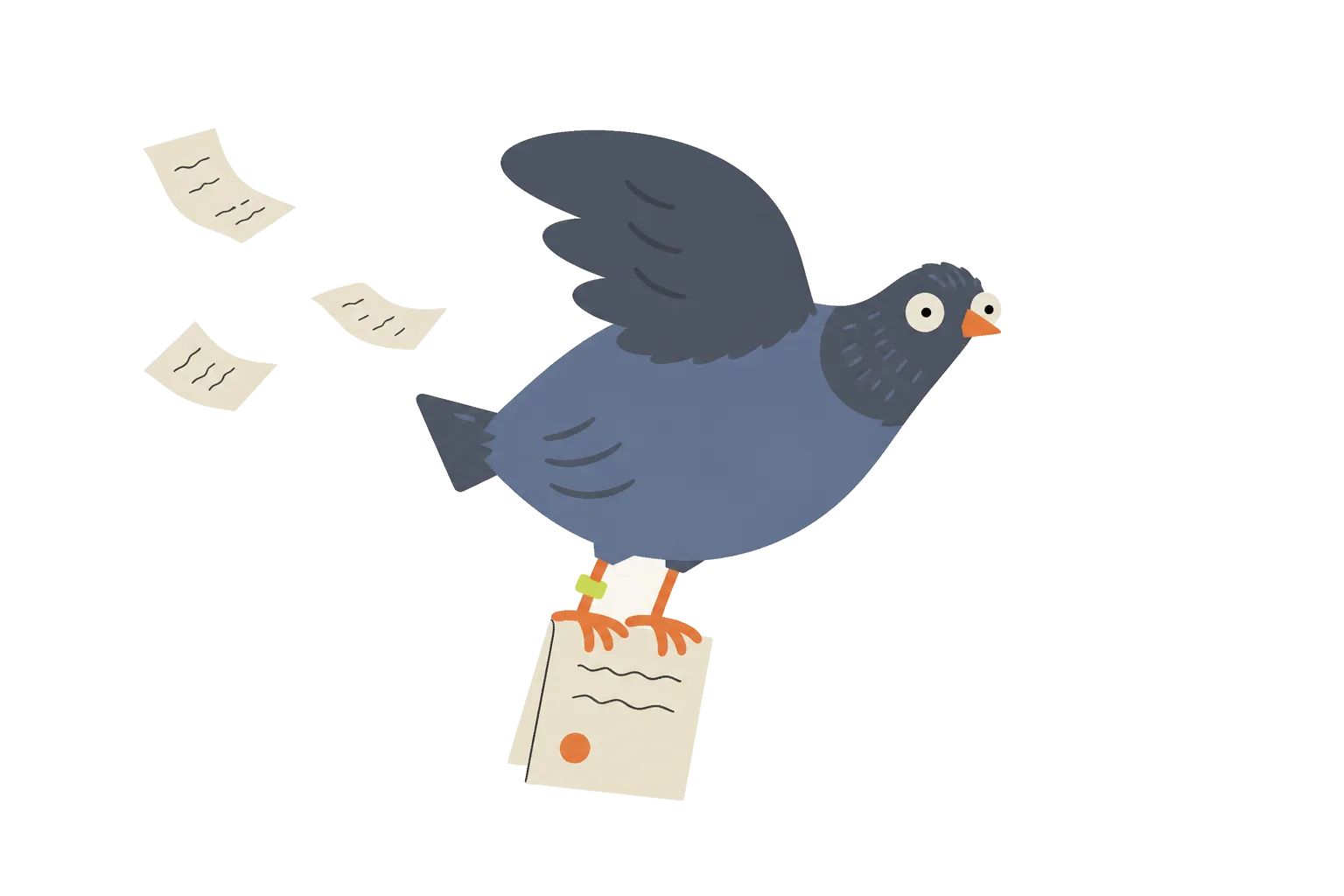 A wide-eyed blue pigeon flies carrying a folded cream dispatch in its feet while loose note slips trail behind it.