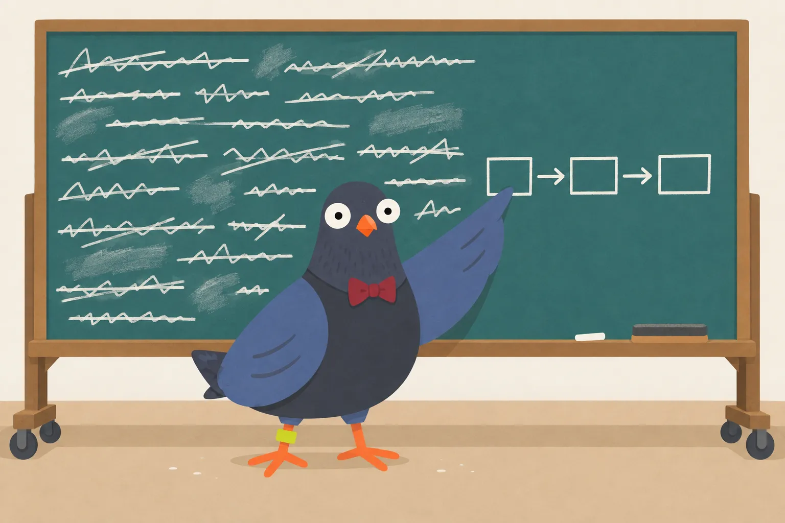 A slate-blue pigeon in a burgundy bow tie stands in front of a green chalkboard covered in crossed-out scribbles and points one wing at a small chalk diagram of three boxes joined by arrows.