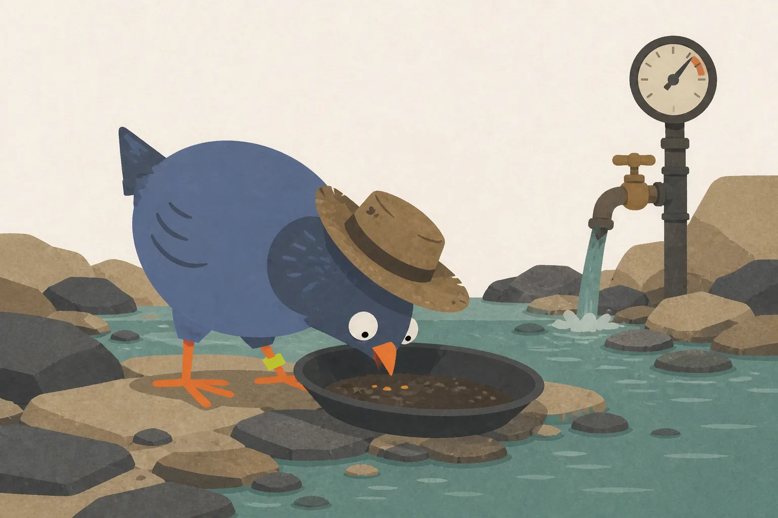 A wide-eyed blue pigeon in a battered prospector hat pecks at orange specks in a pan resting on creek stones beside a high-reading standpipe.