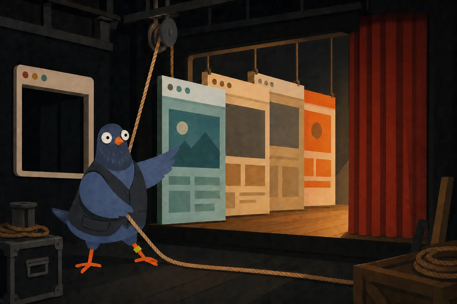 A blue pigeon in a dark stagehand vest works a scenery rope while browser-shaped stage flats move through a backstage pulley beside a floor-to-ceiling red curtain.