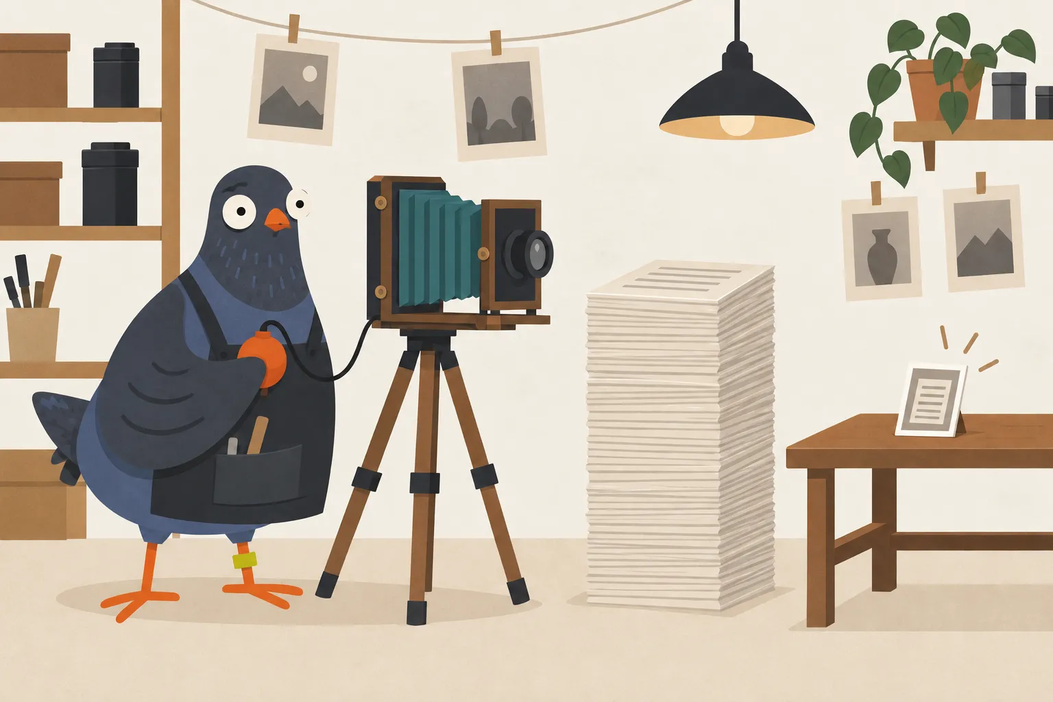 A slate-blue pigeon in a studio apron squeezes a shutter bulb on a bellows plate camera aimed at a tall stack of printed pages, while a single small picture card of the same pages sits on a table nearby.