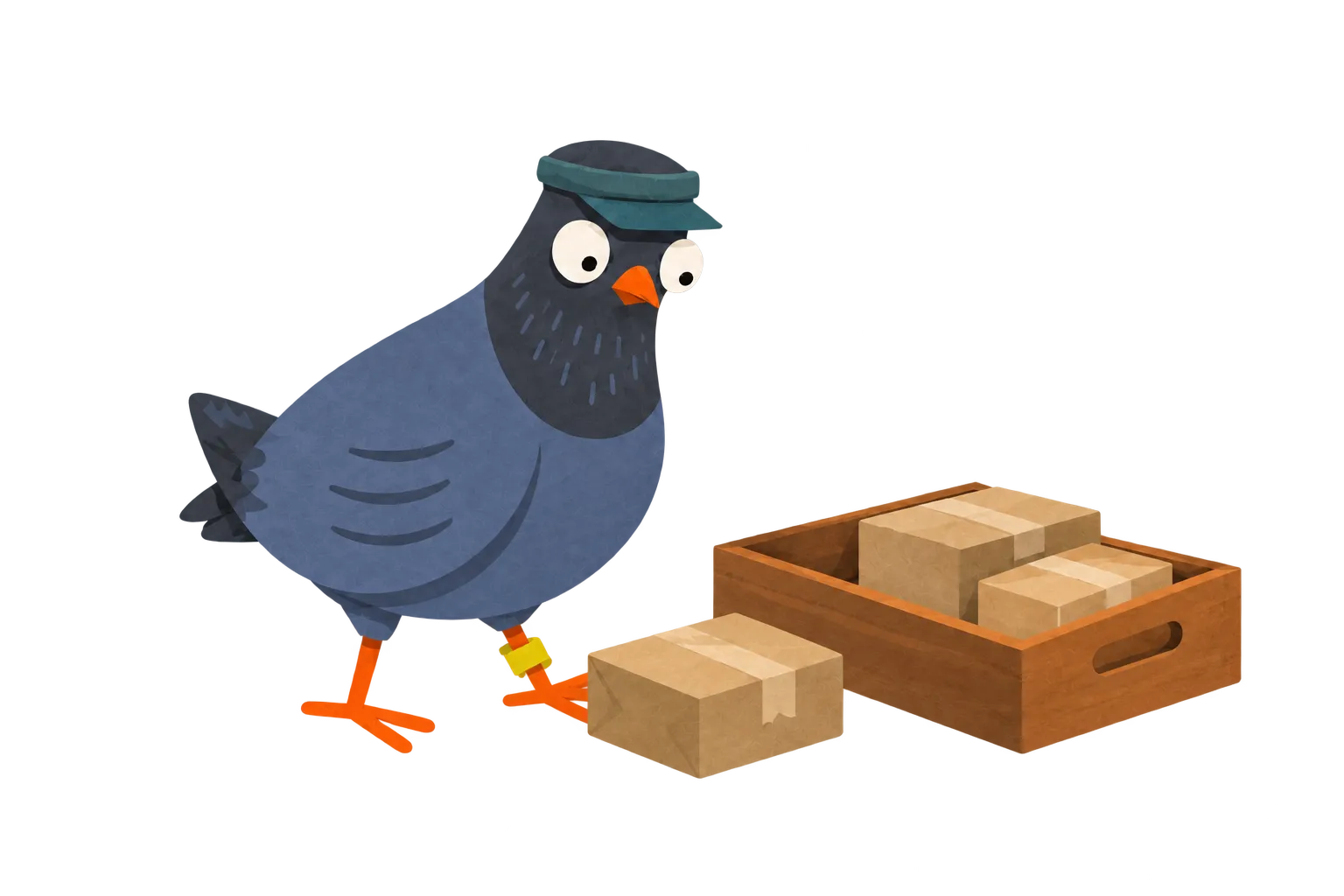 A pigeon looks down at a parcel beside a wooden inbox filled with repository-sized boxes.