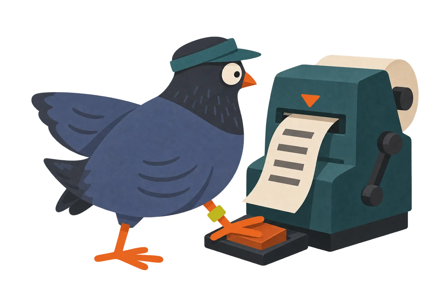 A pigeon stretches a wing for balance while pressing a pedal and watching a test machine produce a paper strip.