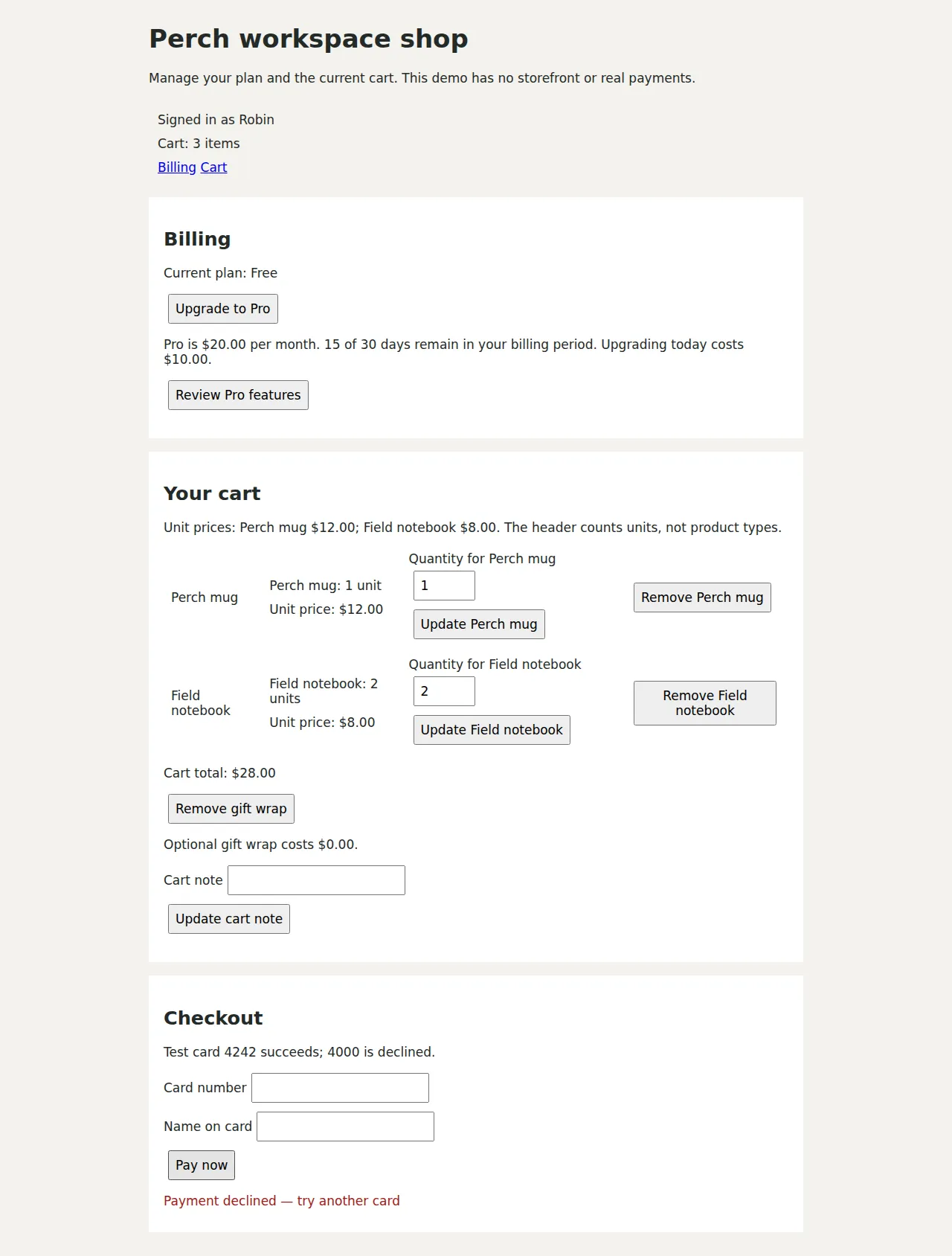 The demo shop used in the test: a Billing panel with an Upgrade to Pro button, a cart with two products and Remove buttons, and a Checkout form with a Pay now button.
