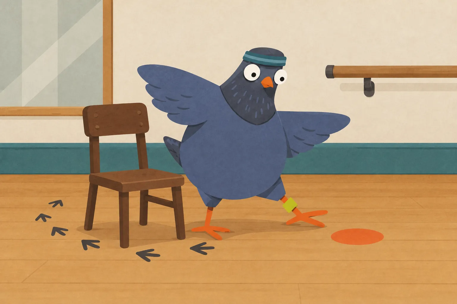 A slate-blue pigeon in a teal sweatband steps around a chair along painted footprints toward an orange floor spot in a rehearsal room, with one olive leg band.