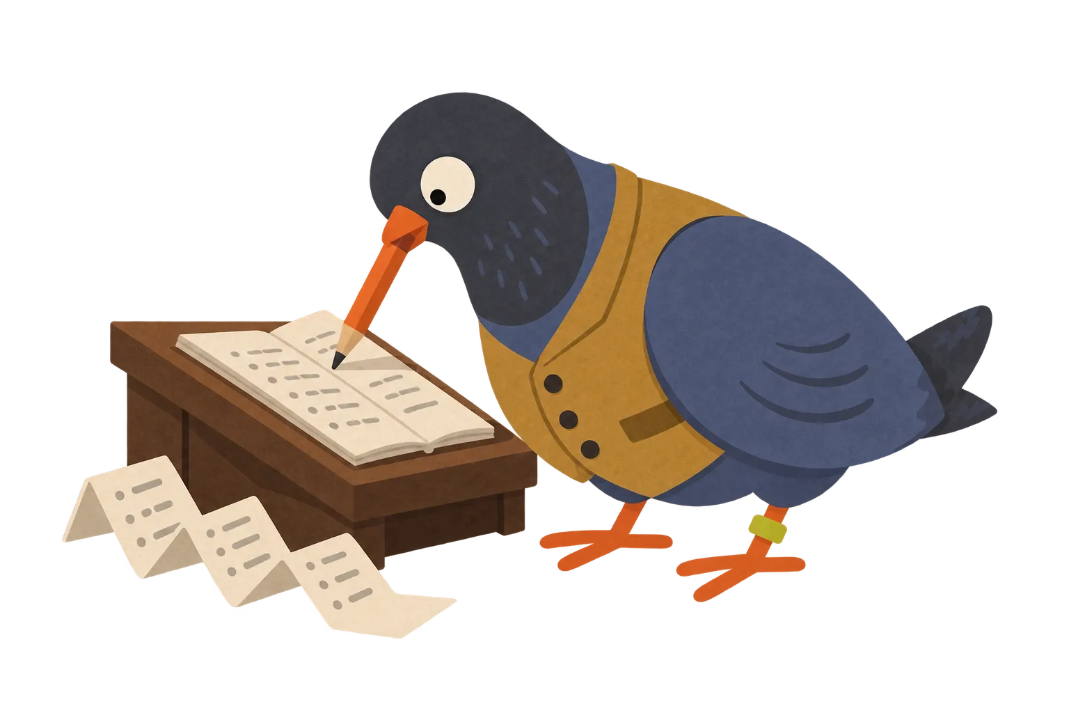 A pigeon in an ochre waistcoat writes in a notebook with a pencil held in its beak, beside the test output.