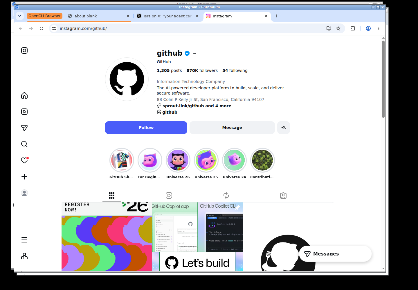 The public verified GitHub Instagram profile visible in the browser session where the profile command reported a login error.