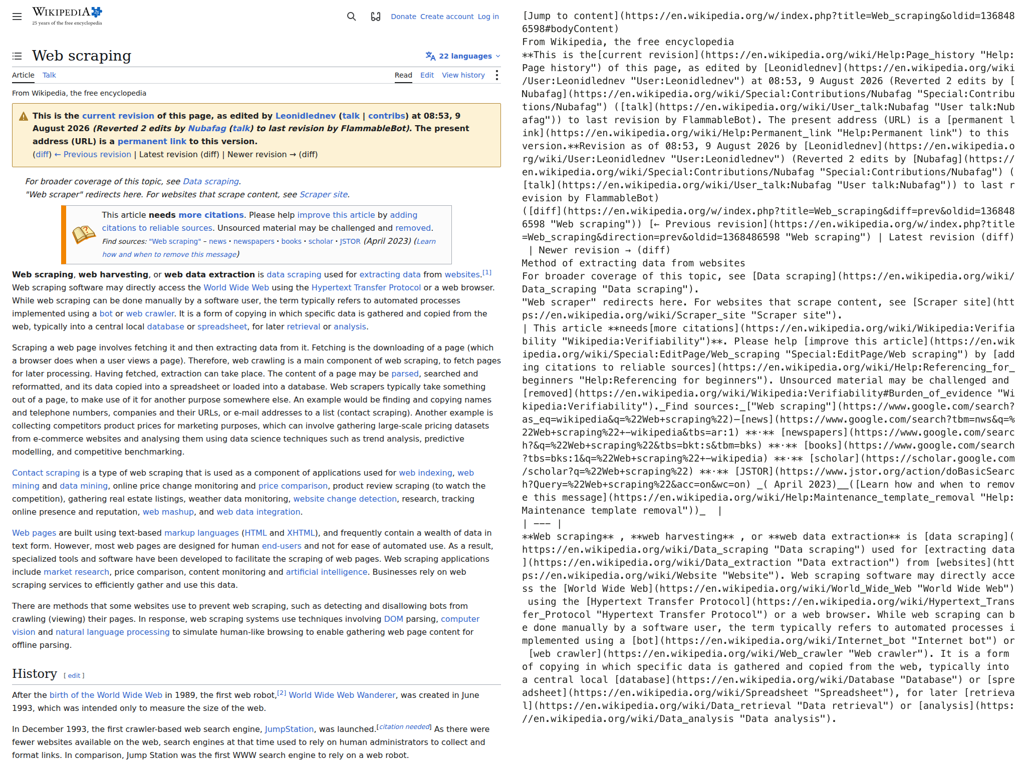Two panels side by side. On the left, the Wikipedia article “Web scraping” as a browser renders it: site header, title, a yellow revision banner, two hatnotes, a “needs more citations” box, then the opening paragraphs and the start of the History section. On the right, the first ten lines of Crawl4AI’s fit_markdown for the same page: a “Jump to content” link, the revision banner and diff links carried over as Markdown with their full URLs, the maintenance template, and the same opening paragraph.