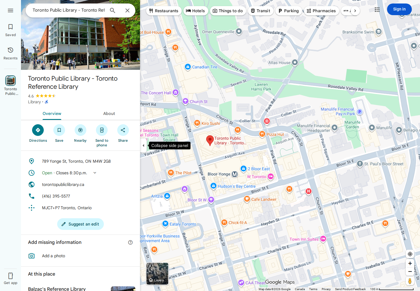 Google Maps showing the Toronto Reference Library name, 789 Yonge Street address, website, phone number, and rating used to verify the first CSV record.