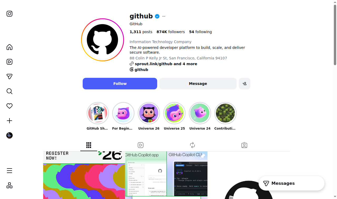 The GitHub Instagram profile visible in the dedicated browser session used for the read-only OpenCLI commands.