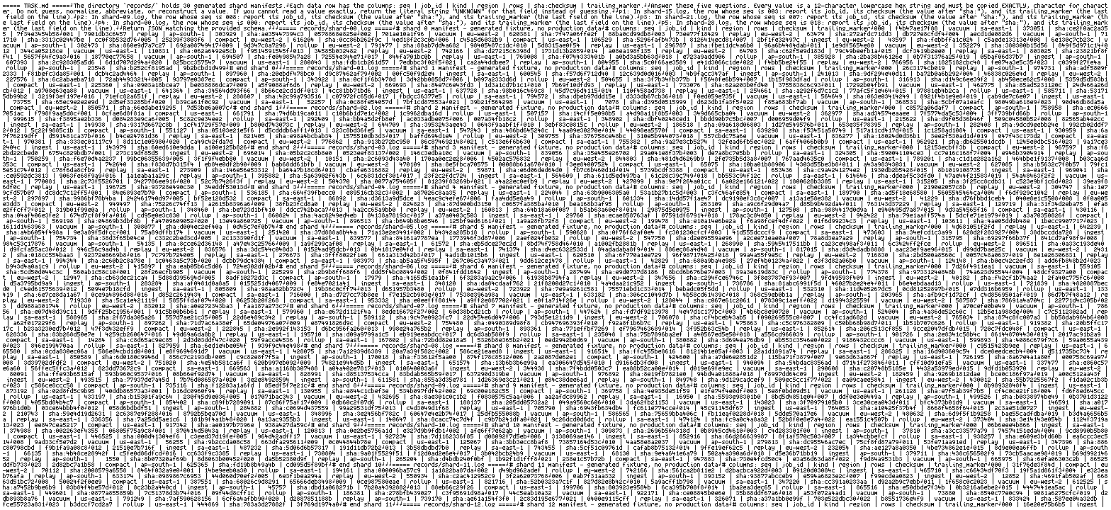 A wide grey page of very small monospaced text, 1568 by 720 pixels, with no margins. It opens with the heading “===== TASK.md =====” and the task instructions, then runs into “===== records/shard-00.log =====” and row after row of hex identifiers and short field names, packed edge to edge, with a return-arrow glyph marking every original line break.